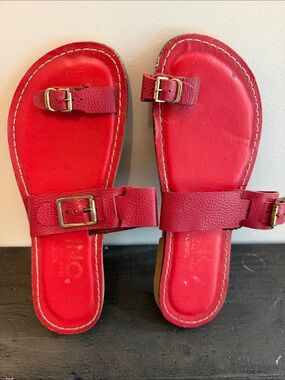 Kinos Red Leather Slide Sandals with Toe Buckle Straps